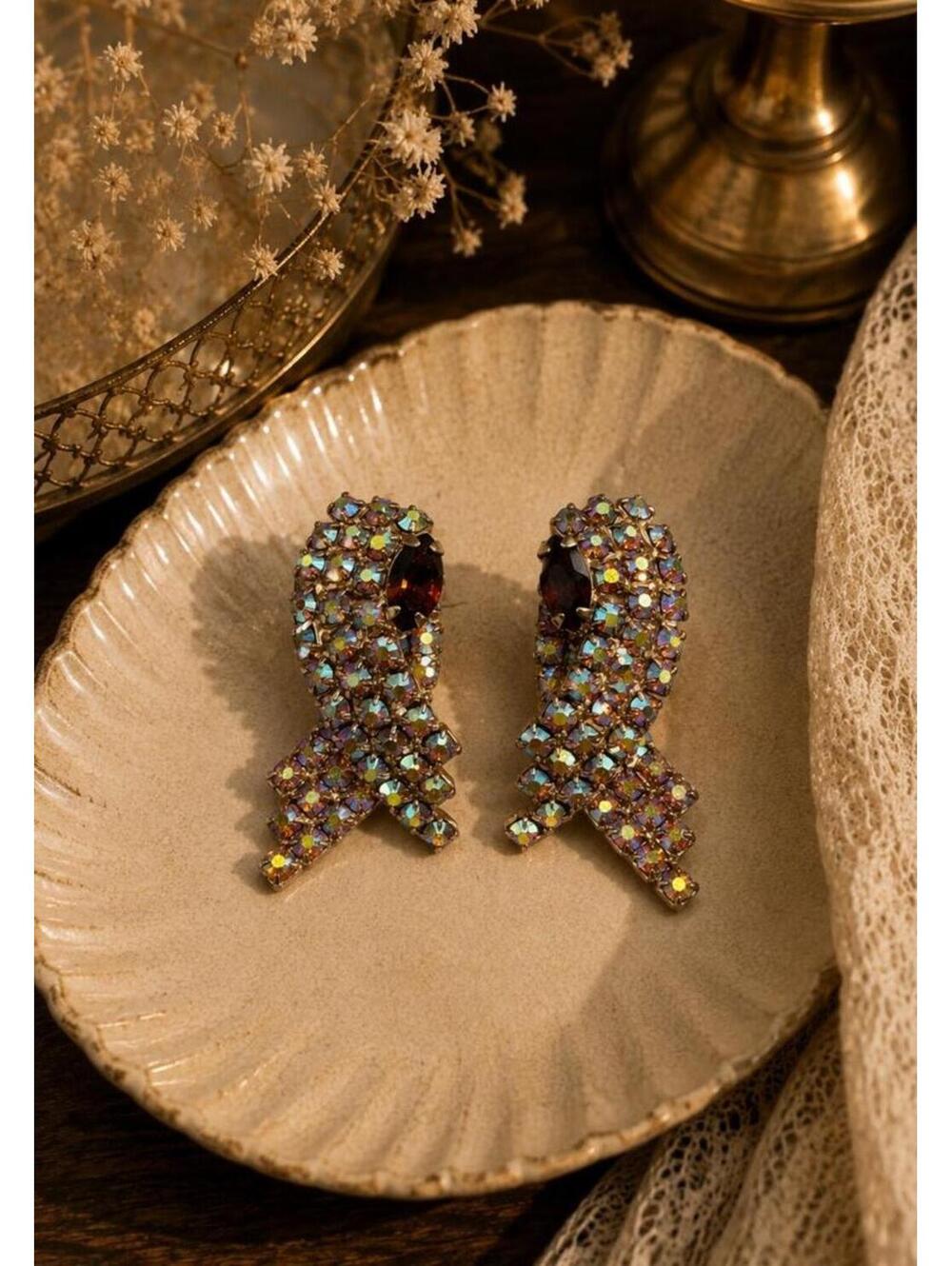 Vintage Aurora Borealis Rhinestone Clip On Earrings Amber Glass Unbranded
